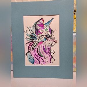 Hand Crafted Vibrant Cat Zentangle Artwork/Matted